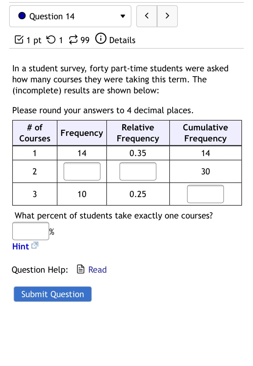 Question 14
>
E1 pt 51 3 99 O Details
In a student survey, forty part-time students were asked
how many courses they were taking this term. The
(incomplete) results are shown below:
Please round your answers to 4 decimal places.
# of
Relative
Cumulative
Frequency
Courses
Frequency
Frequency
1
14
0.35
14
2
30
3
10
0.25
What percent of students take exactly one courses?
Hint
Question Help:
Read
Submit Question
