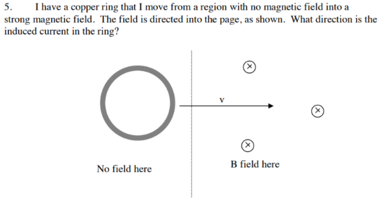 5.
I have a copper ring that I move from a region with no magnetic field into a
strong magnetic field. The field is directed into the page, as shown. What direction is the
induced current in the ring?
B field here
No field here
