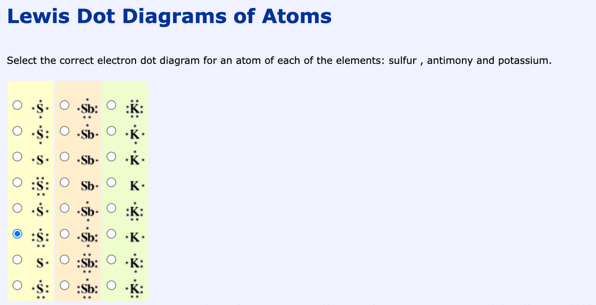 Lewis Dot Diagrams of Atoms
Select the correct electron dot diagram for an atom of each of the elements: sulfur, antimony and potassium.
·Sb.
Sb.
:Sb: