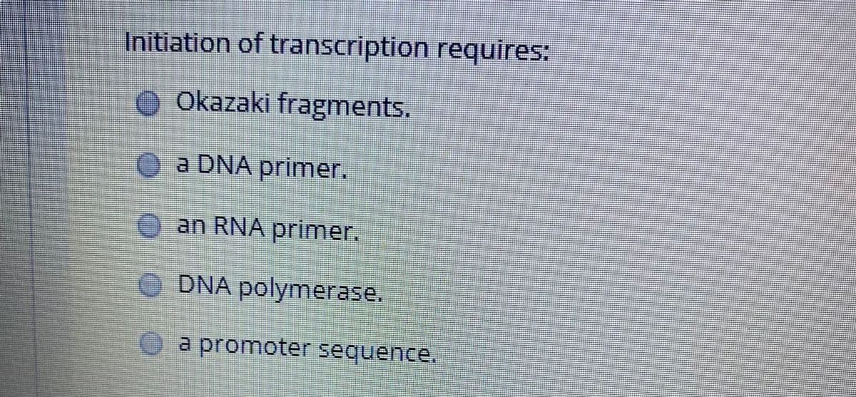 Initiation of transcription requires:
Okazaki fragments.
a DNA primer.
Y an RNA primer,
) DNA polymerase,
a promoter sequence.
