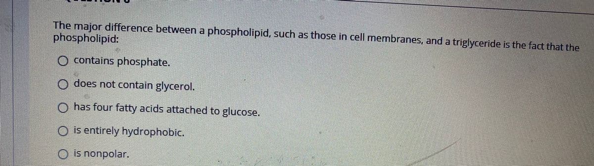 The major difference between a phospholipid, such as those in cell membranes, and a triglyceride is the fact that the
phospholipid:
O contains phosphate.
does not contain glycerol.
O has four fatty acids attached to glucose.
O is entirely hydrophobic.
O is nonpolar.
