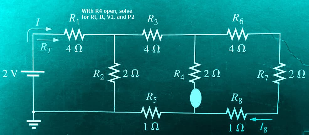 With R4 open, solve
R3
R6
R, for Rt, It, V1, and P2
4Ω
RT
4 N
4Ω
R2
-2 Ω
R4
20
20
2 V
R5
R8
10
10
