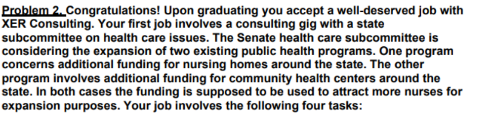 Problem 2. Congratulations! Upon graduating you accept a well-deserved job with
XER Consulting. Your first job involves a consulting gig with a state
subcommittee on health care issues. The Senate health care subcommittee is
considering the expansion of two existing public health programs. One program
concerns additional funding for nursing homes around the state. The other
program involves additional funding for community health centers around the
state. In both cases the funding is supposed to be used to attract more nurses for
expansion purposes. Your job involves the following four tasks:
