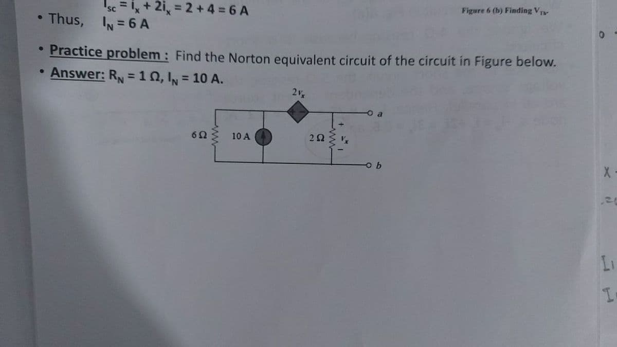 Figure 6 (b) Finding VT
Isc = ix + 2i, = 2 + 4 = 6 A
Thus, IN=6 A
Practice problem: Find the Norton equivalent circuit of the circuit in Figure below.
Answer: Ry = 10, IN = 10 A.
%3D
2v
O a
10 A
2Ω
+
