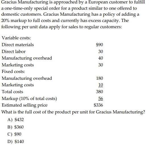 Gracius Manufacturing is approached by a European customer to fulfill
a one-time-only special order for a product similar to one offered to
domestic customers. Gracius Manufacturing has a policy of adding a
20% markup to full costs and currently has excess capacity. The
following per unit data apply for sales to regular customers:
Variable costs:
Direct materials
Direct labor
Manufacturing overhead
Marketing costs
Fixed costs:
Manufacturing overhead
Marketing costs
$90
30
40
30
180
10
380
Total costs
Markup (10% of total costs)
Estimated selling price
What is the full cost of the product per unit for Gracius Manufacturing?
A) $432
B) $360
C) $90
D) $140
56
$336