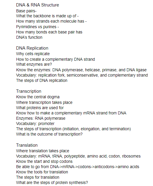 DNA & RNA Structure
Base pairs-
What the backbone is made up of -
How many strands each molecule has -
Pyrimidines vs purines -
How many bonds each base pair has
DNA's function
DNA Replication
Why cells replicate
How to create a complementary DNA strand
What enzymes are?
Know the enzymes: DNA polymerase, helicase, primase, and DNA ligase
Vocabulary: replication fork, semiconservative, and complementary strand
The steps of DNA replication
Transcription
Know the central dogma
Where transcription takes place
What proteins are used for
Know how to make a complementary MRNA strand from DNA
Enzymes: RNA polymerase
Vocabulary: promoter
The steps of transcription (initiation, elongation, and termination)
What is the outcome of transcription?
Translation
Where translation takes place
Vocabulary: MRNA, TRNA, polypeptide, amino acid, codon, ribosomes
Know the start and stop codons
Be able to go from DNA->MRNA->codons->anticodons->amino acids
Know the tools for translation
The steps for translation
What are the steps of protein synthesis?
