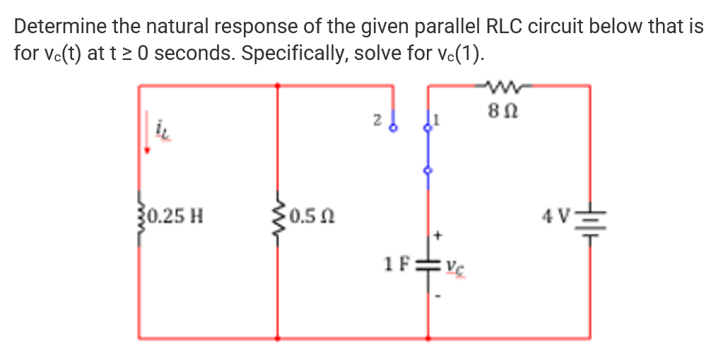 Determine the natural response of the given parallel RLC circuit below that is
for vo(t) at t20 seconds. Specifically, solve for vo(1).
30.25 H
0.50
4V
1F:
