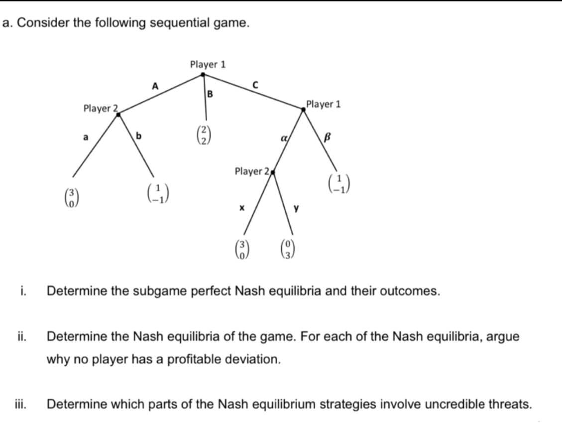 a. Consider the following sequential game.
Player 1
A
B
Player 2
Player 1
a
a
B
Player 2
(4)
()
y
i.
Determine the subgame perfect Nash equilibria and their outcomes.
ii. Determine the Nash equilibria of the game. For each of the Nash equilibria, argue
why no player has a profitable deviation.
ii.
Determine which parts of the Nash equilibrium strategies involve uncredible threats.
