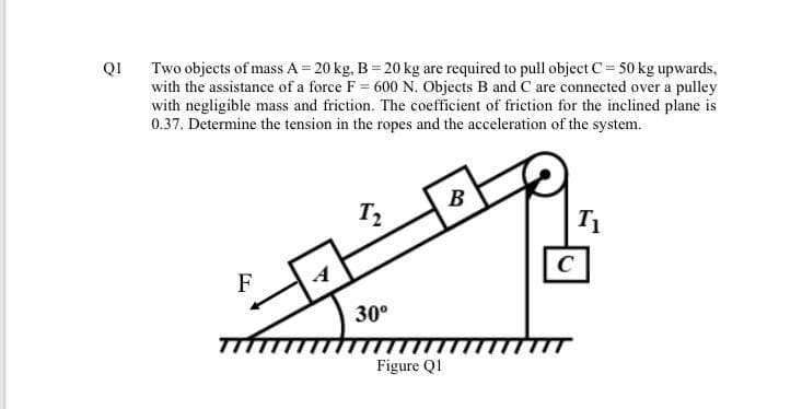 Two objects of mass A = 20 kg, B = 20 kg are required to pull object C= 50 kg upwards,
with the assistance of a force F = 600 N. Objects B and C are connected over a pulley
with negligible mass and friction. The coefficient of friction for the inclined plane is
0.37. Determine the tension in the ropes and the acceleration of the system.
QI
B
T1
C
F
30°
Figure QI
