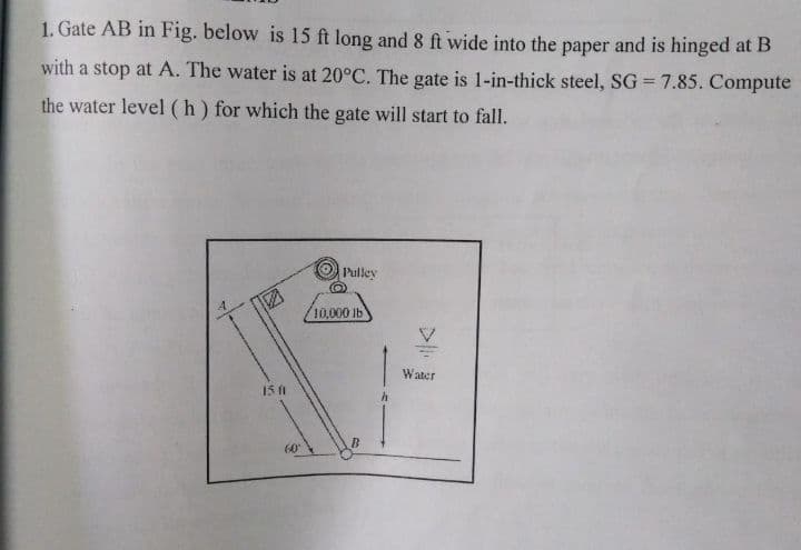 1. Gate AB in Fig. below is 15 ft long and 8 ft wide into the paper and is hinged at B
with a stop at A. The water is at 20°C. The gate is 1-in-thick steel, SG = 7.85. Compute
the water level (h) for which the gate will start to fall.
Pulley
15 f
60°
10,000 lb
B
Water