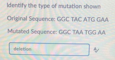 Identify the type of mutation shown
Original Sequence: GGC TAC ATG GAA
Mutated Sequence: GGC TAA TGG AA
deletion
