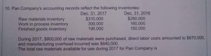 10. Pan Company's accounting records reflect the following inventories:
Dec 31, 2016
$260,000
160,000
150.000
Raw materials inventory
Work in process inventory
Finished goods inventory
Dec. 31, 2017
$310,000
300,000
190,000
During 2017, $800,000 of raw materials were purchased, direct labor costs amounted to $670,000,
and manufacturing overhead incurred was $640,000.
The total raw materials available for use during 2017 for Pan Company is
