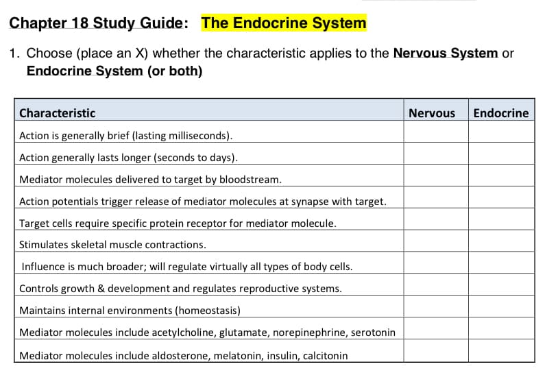 Chapter 18 Study Guide: The Endocrine System
1. Choose (place an X) whether the characteristic applies to the Nervous System or
Endocrine System (or both)
Characteristic
Nervous
Endocrine
Action is generally brief (lasting milliseconds).
Action generally lasts longer (seconds to days).
Mediator molecules delivered to target by bloodstream.
Action potentials trigger release of mediator molecules at synapse with target.
Target cells require specific protein receptor for mediator molecule.
Stimulates skeletal muscle contractions.
Influence is much broader; will regulate virtually all types of body cells.
Controls growth & development and regulates reproductive systems.
Maintains internal environments (homeostasis)
Mediator molecules include acetylcholine, glutamate, norepinephrine, serotonin
Mediator molecules include aldosterone, melatonin, insulin, calcitonin
