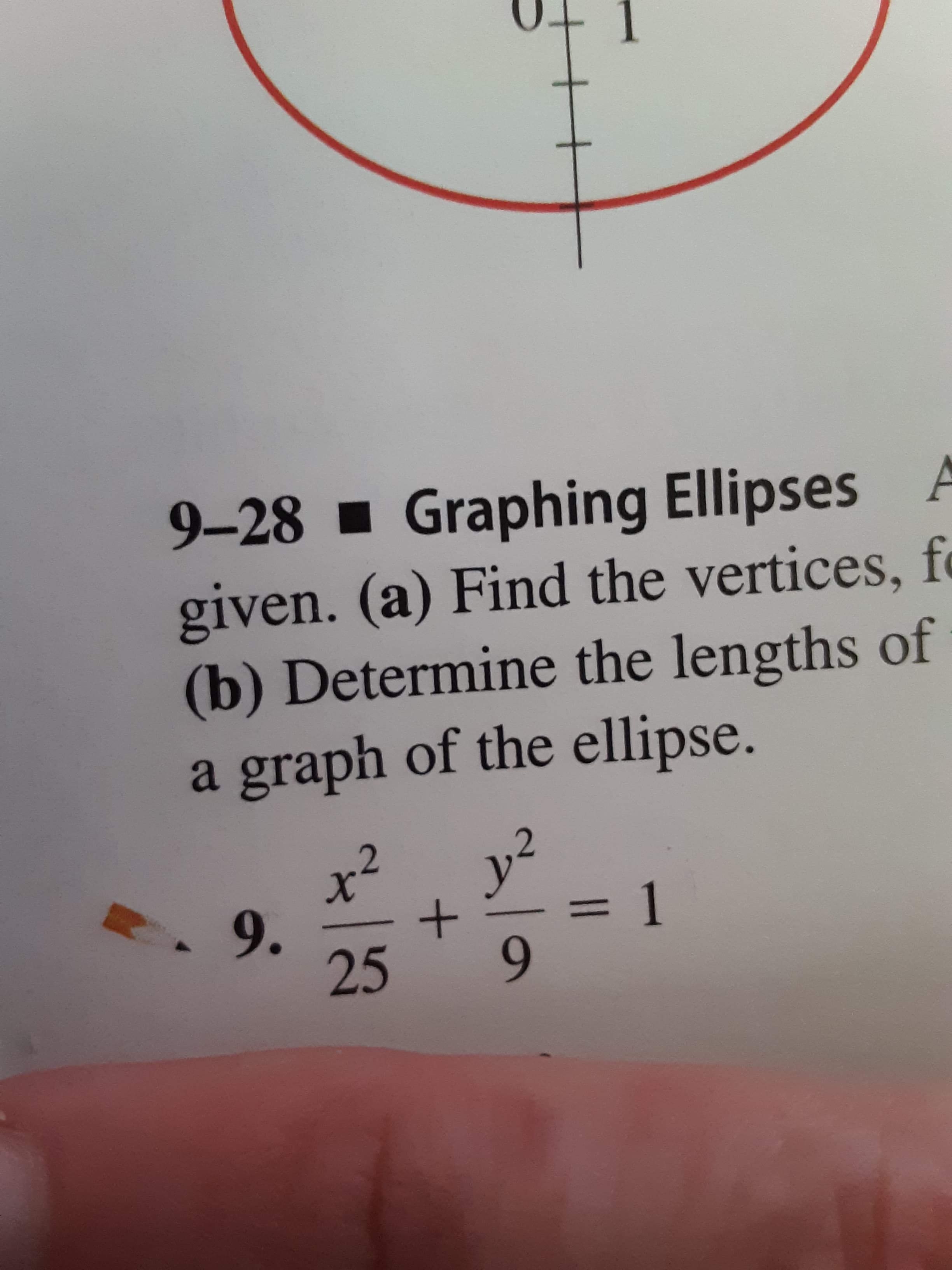 9-28 Graphing Ellipses A
given. (a) Find the vertices, f
(b) Determine the lengths of
a graph of the ellipse.
1
9.
+
9
25
40
11
