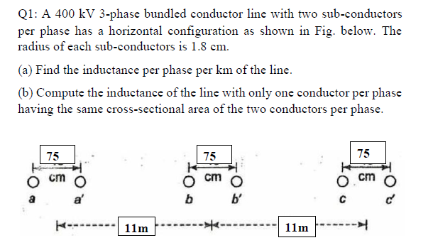Q1: A 400 kV 3-phase bundled conduetor line with two sub-conductors
per phase has a horizontal configuration as shown in Fig. below. The
radius of each sub-conductors is 1.8 cm.
(a) Find the inductance per phase per km of the line.
(b) Compute the inductance of the line with only one conductor per phase
having the same cross-sectional area of the two conductors per phase.
75
75
75
cm O
cm
cm
a'
b
b'
H----
11m
11m
