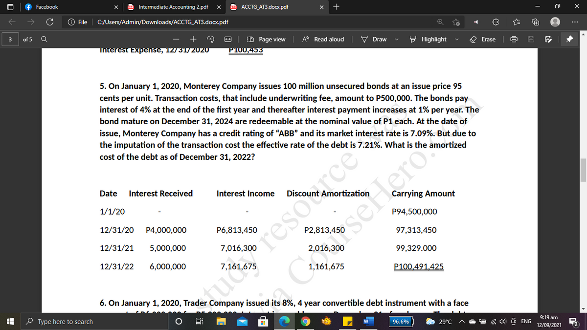 Facebook
Intermediate Accounting 2.pdf
АССТG AT3.dоск.pdf
O File
C:/Users/Admin/Downloads/ACCTG_AT3.docx.pdf
...
3
of 5
(D Page view
A Read aloud
У Draw
9 Highlight
O Erase
Interest Expense, 12731/2020
P100,453
5. On January 1, 2020, Monterey Company issues 100 million unsecured bonds at an issue price 95
cents per unit. Transaction costs, that include underwriting fee, amount to P500,000. The bonds pay
interest of 4% at the end of the first year and thereafter interest payment increases at 1% per year. The
bond mature on December 31, 2024 are redeemable at the nominal value of P1 each. At the date of
uresource
seleroo
issue, Monterey Company has a credit rating of "ABB" and its market interest rate is 7.09%. But due to
the imputation of the transaction cost the effective rate of the debt is 7.21%. What is the amortized
cost of the debt as of December 31, 2022?
Date
Interest Received
Interest Income
Carrying Amount
1/1/20
P94,500,000
12/31/20
P4,000,000
P6,813,450
97,313,450
12/31/21
5,000,000
2,016,300
99,329.000
12/31/22
6,000,000
1,161,675
P100,491,425
6. On January 1, 2020, Trader Company issued its 8%, 4 year convertible debt instrument with a face
P Type here to search
96.6%
29°C
G 4) O ENG
9:19 am
12/09/2021
