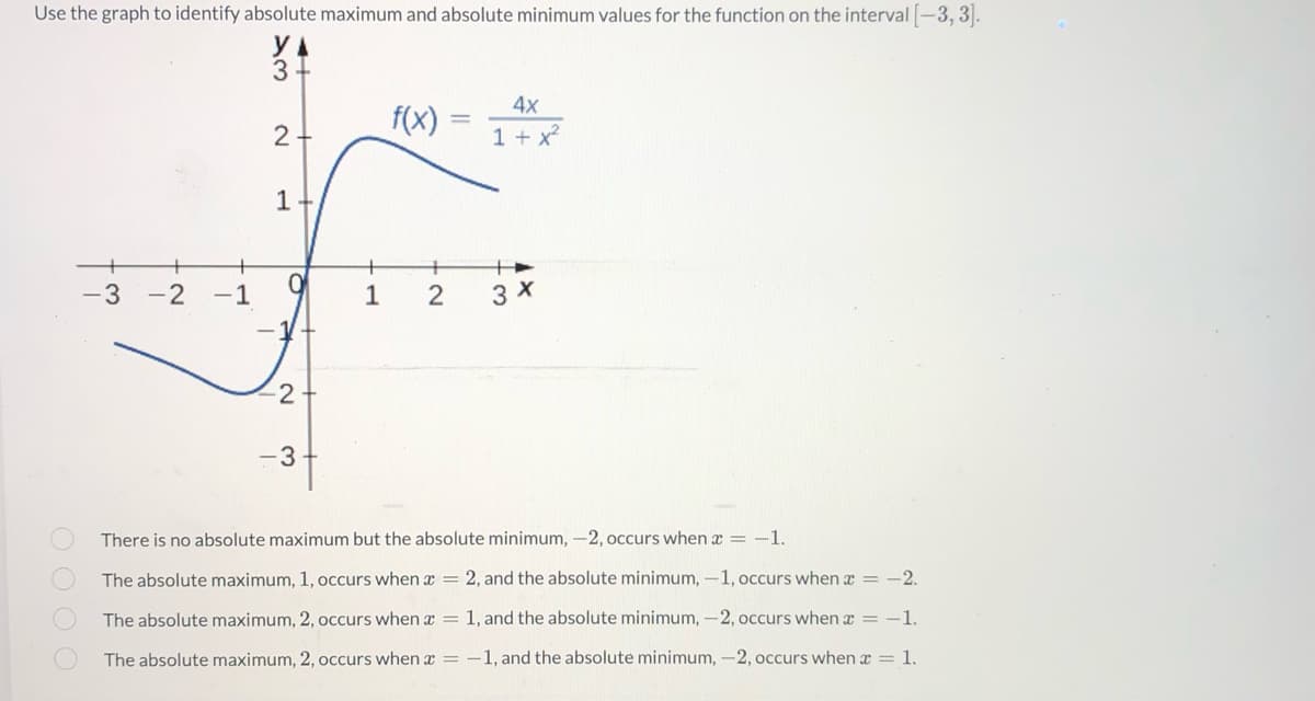 Use the graph to identify absolute maximum and absolute minimum values for the function on the interval [-3,3].
f(x)
4x
1 + x²
2
+
-3-2
2
3 x
-2
-3
There is no absolute maximum but the absolute minimum, -2, occurs when x = -1.
The absolute maximum, 1, occurs when x = 2, and the absolute minimum, -1, occurs when x = -2.
The absolute maximum, 2, occurs when x =
The absolute maximum, 2, occurs when x =
1, and the absolute minimum, -2, occurs when a = -1.
-1, and the absolute minimum, -2, occurs when a = 1.
0000
-1
1
0
1