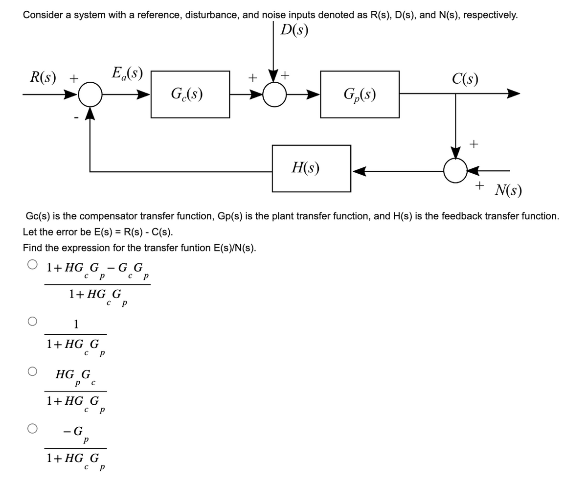 Consider a system with a reference, disturbance, and noise inputs denoted as R(s), D(s), and N(s), respectively.
D(s)
R(s) +
1+ HG G - G G
с р
ср
1+ HG G
1
1+ HG G
с P
HG G
P C
+ N(s)
Gc(s) is the compensator transfer function, Gp(s) is the plant transfer function, and H(s) is the feedback transfer function.
Let the error be E(s) = R(s) - C(s).
Find the expression for the transfer funtion E(s)/N(s).
1+ HG G
-G₂
P
Ea(s)
1+ HG G
с
P
P
G.(s)
с р
+
H(s)
G₁(s)
C(s)
+