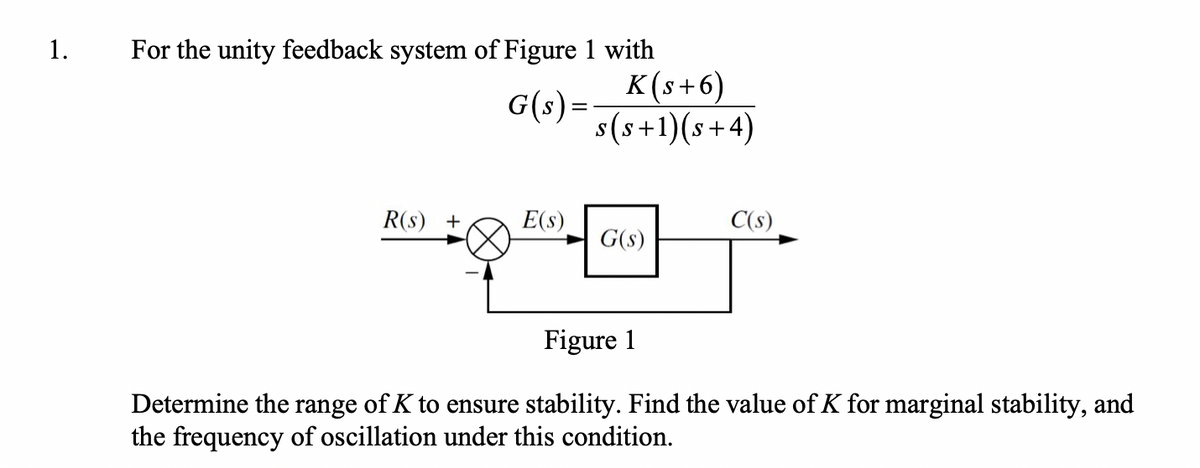 1.
For the unity feedback system of Figure 1 with
G(s) =
R(s) +
E(s)
K(s+6)
s(s+1)(s+4)
G(s)
C(s)
Figure 1
Determine the range of K to ensure stability. Find the value of K for marginal stability, and
the frequency of oscillation under this condition.