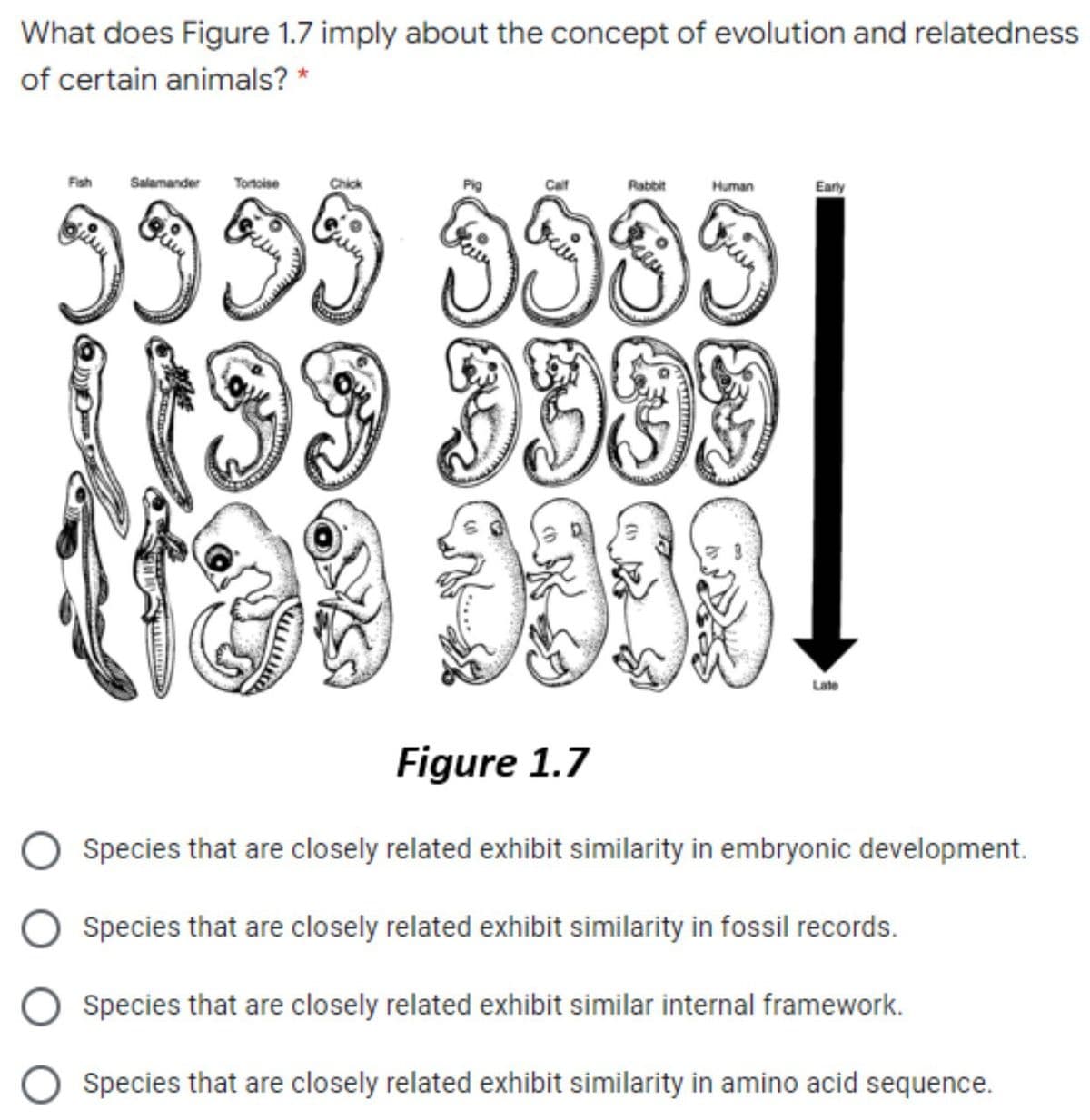 What does Figure 1.7 imply about the concept of evolution and relatedness
of certain animals? *
Fish
Salamander
Tortoise
Chick
Pig
Rabbit
Human
Early
Late
Figure 1.7
Species that are closely related exhibit similarity in embryonic development.
Species that are closely related exhibit similarity in fossil records.
Species that are closely related exhibit similar internal framework.
Species that are closely related exhibit similarity in amino acid sequence.
