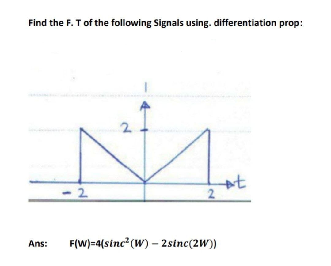 Find the F. T of the following Signals using. differentiation prop:
Ans:
2
2
2
F(W)=4(sinc²(W) - 2sinc(2W))