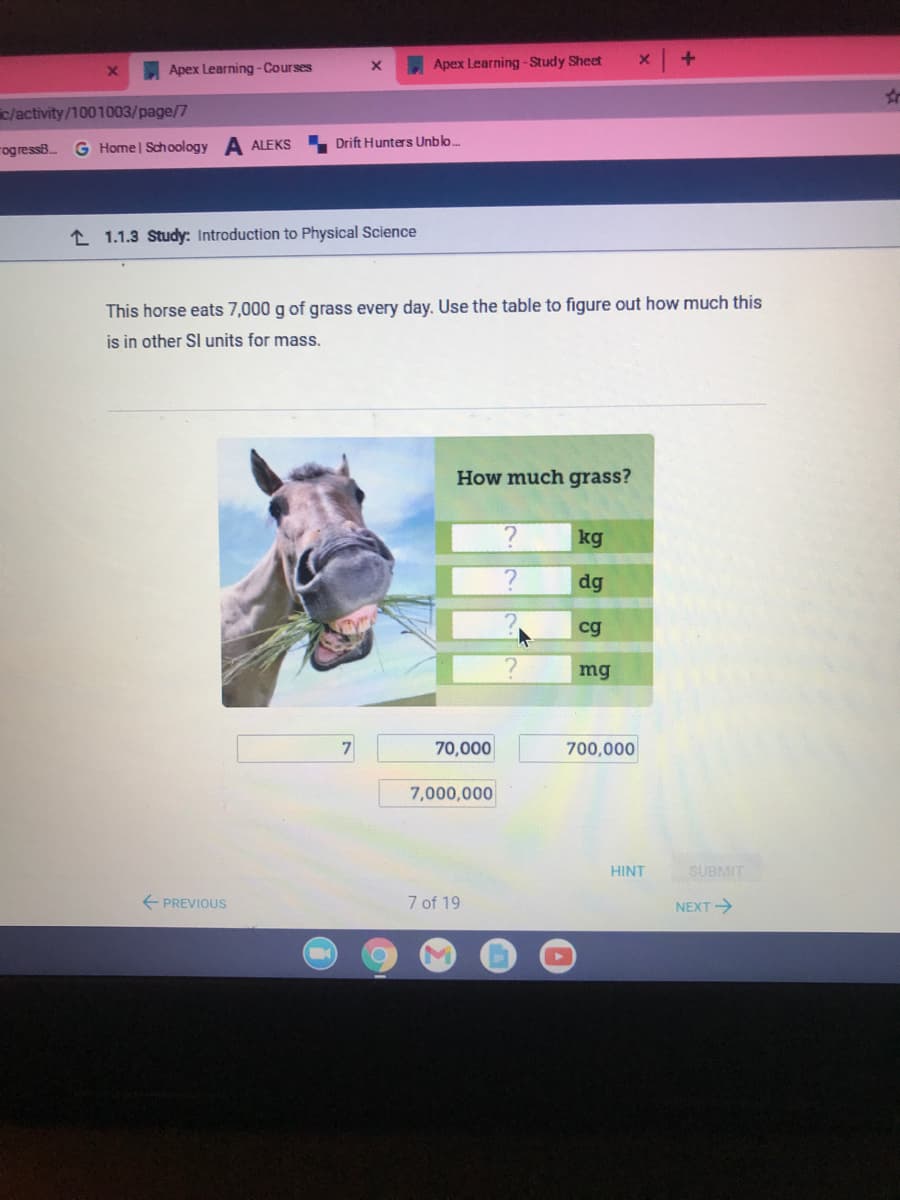 Apex Learning -Courses
Apex Learning -Study Sheet
c/activity/1001003/page/7
ogress8
G Home| Schoology
ALEKS
Drift Hunters Unblo.
1 1.1.3 Study: Introduction to Physical Science
This horse eats 7,000 g of grass every day. Use the table to figure out how much this
is in other SI units for mass.
How much grass?
kg
dg
cg
mg
70,000
700,000
7,000,000
HINT
SUBMIT
E PREVIOUS
7 of 19
NEXT->
