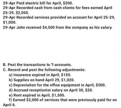29-Apr Paid electric bill for April, $200.
29-Apr Recorded cash from cash clients for fees earned April
25-29, $2,050.
29-Apr Recorded services provided on account for April 25-29,
$1,000.
29-Apr John received $4,500 from the company as his salary.
B. Post the transactions to T-accounts.
C. Record and post the following adjustments:
a) Insurance expired in April, $150.
b) Supplies on hand April 29, $1,020.
c) Depreciation for the office equipment in April, $500.
d) Accrued receptionist salary on April 30, $20.
e) Rent expired in April, $1,500.
f) Earned $2,000 of services that were previously paid for on
April 6.
