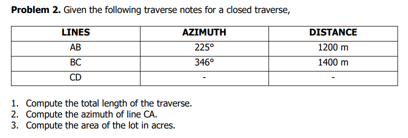 Problem 2. Given the following traverse notes for a closed traverse,
LINES
AB
BC
CD
AZIMUTH
225°
346⁰
1. Compute the total length of the traverse.
2. Compute the azimuth of line CA.
3. Compute the area of the lot in acres.
DISTANCE
1200 m
1400 m