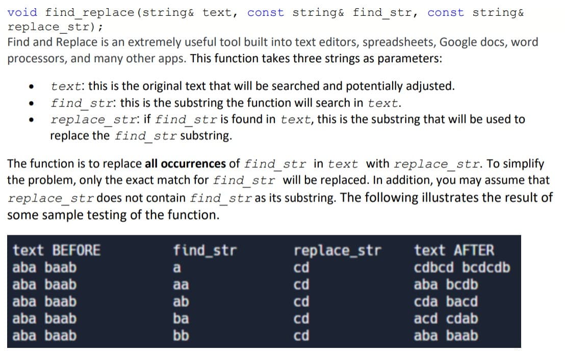 void find_replace (string& text, const string& find_str, const string&
replace_str);
Find and Replace is an extremely useful tool built into text editors, spreadsheets, Google docs, word
processors, and many other apps. This function takes three strings as parameters:
●
●
text: this is the original text that will be searched and potentially adjusted.
find_str: this is the substring the function will search in text.
replace_str: if find_stris found in text, this is the substring that will be used to
replace the find_str substring.
The function is to replace all occurrences of find_str in text with replace_str. To simplify
the problem, only the exact match for find_str will be replaced. In addition, you may assume that
replace_str does not contain find_stras its substring. The following illustrates the result of
some sample testing of the function.
text BEFORE
aba baab
aba baab
aba baab
aba baab
aba baab
find_str
a
aa
ab
ba
bb
replace_str
cd
cd
22222
cd
cd
text AFTER
cdbcd bcdcdb
aba bcdb
cda bacd
acd cdab
aba baab