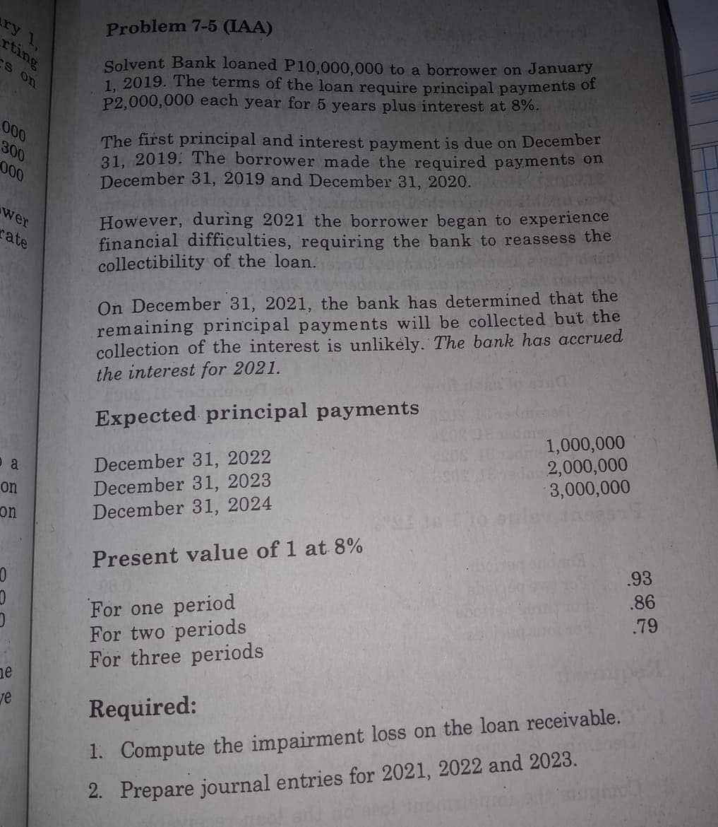 Problem 7-5 (IAA)
Solvent Bank loaned P10,000,000 to a borrower on January
1. 2019. The terms of the loan require principal payments of
P2,000,000 each year for 5 years plus interest at 8%.
rting
CS on
The first principal and interest payment is due on December
31, 2019. The borrower made the required payments on
December 31, 2019 and December 31, 2020.
000
300
000
However, during 2021 the borrower began to experience
financial difficulties, requiring the bank to reassess the
collectibility of the loan.
wer
rate
On December 31, 2021, the bank has determined that the
remaining principal payments will be collected but the
collection of the interest is unlikely. The bank has accrued
the interest for 2021.
Expected principal payments
1,000,000
2,000,000
3,000,000
December 31, 2022
December 31, 2023
December 31, 2024
on
on
Present value of 1 at 8%
.93
.86
For one period
For two periods
For three periods
.79
ne
ve
Required:
1. Compute the impairment loss on the loan receivable.
2. Prepare journal entries for 2021, 2022 and 2023.
