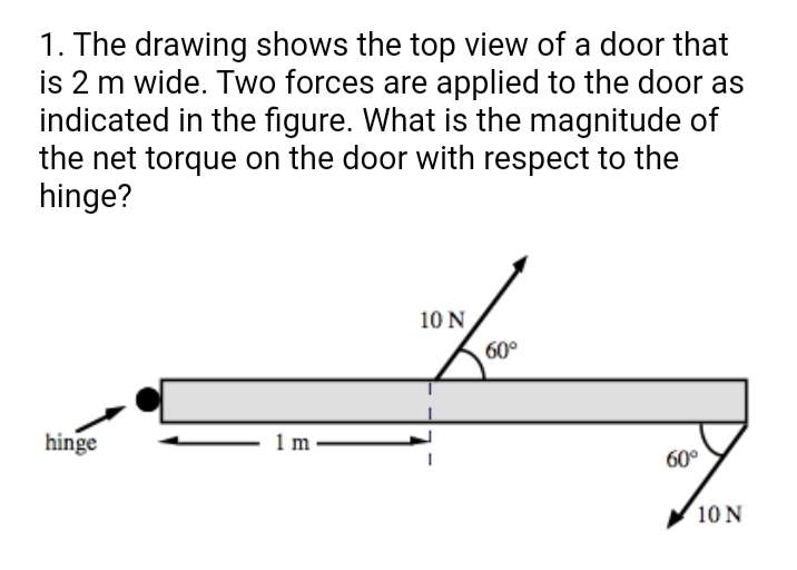 1. The drawing shows the top view of a door that
is 2 m wide. Two forces are applied to the door as
indicated in the figure. What is the magnitude of
the net torque on the door with respect to the
hinge?
10 N
60°
hinge
1 m
60°
10 N
