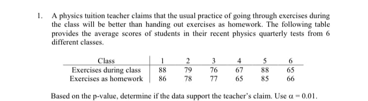 1. A physics tuition teacher claims that the usual practice of going through exercises during
the class will be better than handing out exercises as homework. The following table
provides the average scores of students in their recent physics quarterly tests from 6
different classes.
Class
Exercises during class
Exercises as homework
1
2
3
4
88
79
76
67
88
65
86
78
77
65
85
66
Based on the p-value, determine if the data support the teacher's claim. Use a = 0.01.

