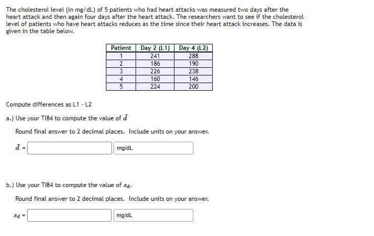 The cholesterol level (in mg/dL) of 5 patients who had heart attacks was measured two days after the
heart attack and then again four days after the heart attack. The researchers want to see if the cholesterol
level of patients who have heart attacks reduces as the time since their heart attack increases. The data is
given in the table below.
Patient
Day 2 (L1) Day 4 (L2)
1
241
288
2
186
190
3
226
238
4
160
146
224
200
Compute differences as L1 - L2
a.) Use your T184 to compute the value of d
Round final answer to 2 decimal places. Include units on your answer.
mg/dL
- P
b.) Use your TI84 to compute the value of sa.
Round final answer to 2 decimal places. Include units on your answer.
mg/dL
= Ps
