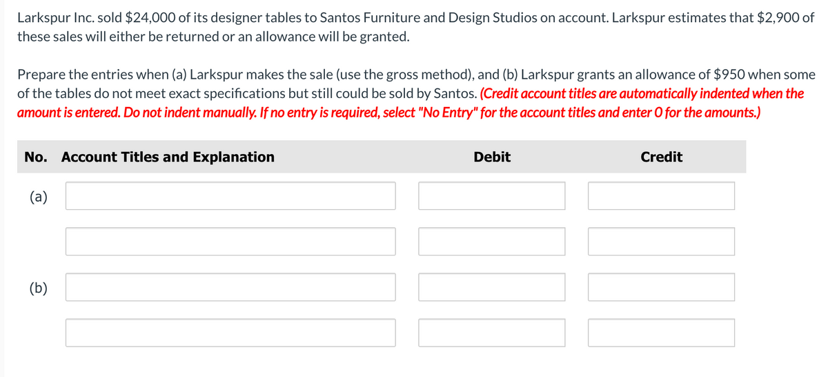 Larkspur Inc. sold $24,000 of its designer tables to Santos Furniture and Design Studios on account. Larkspur estimates that $2,900 of
these sales will either be returned or an allowance will be granted.
Prepare the entries when (a) Larkspur makes the sale (use the gross method), and (b) Larkspur grants an allowance of $950 when some
of the tables do not meet exact specifications but still could be sold by Santos. (Credit account titles are automatically indented when the
amount is entered. Do not indent manually. If no entry is required, select "No Entry" for the account titles and enter O for the amounts.)
No. Account Titles and Explanation
Debit
Credit
(a)
(b)
