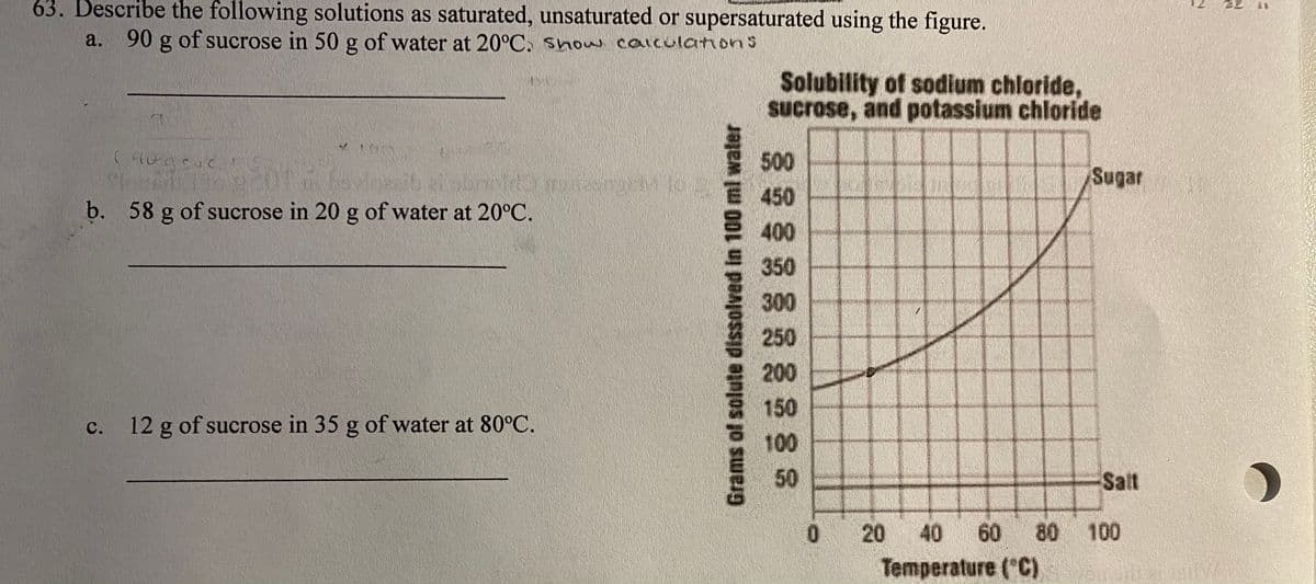 63. Describe the following solutions as saturated, unsaturated or supersaturated using the figure.
a. 90 g of sucrose in 50 g of water at 20°C. Show calculations
Solubility of sodium chloride,
sucrose, and potassium chloride
500
ngM105E 450
Sugar
b. 58 g of sucrose in 20 g of water at 20°C.
8 400
350
300
250
200
150
c. 12 g of sucrose in 35 g of water at 80°C.
100
50
Salt
60 80
100
A 20
Temperature ("C)
40
Grams of solute dissolved in 100 ml water
