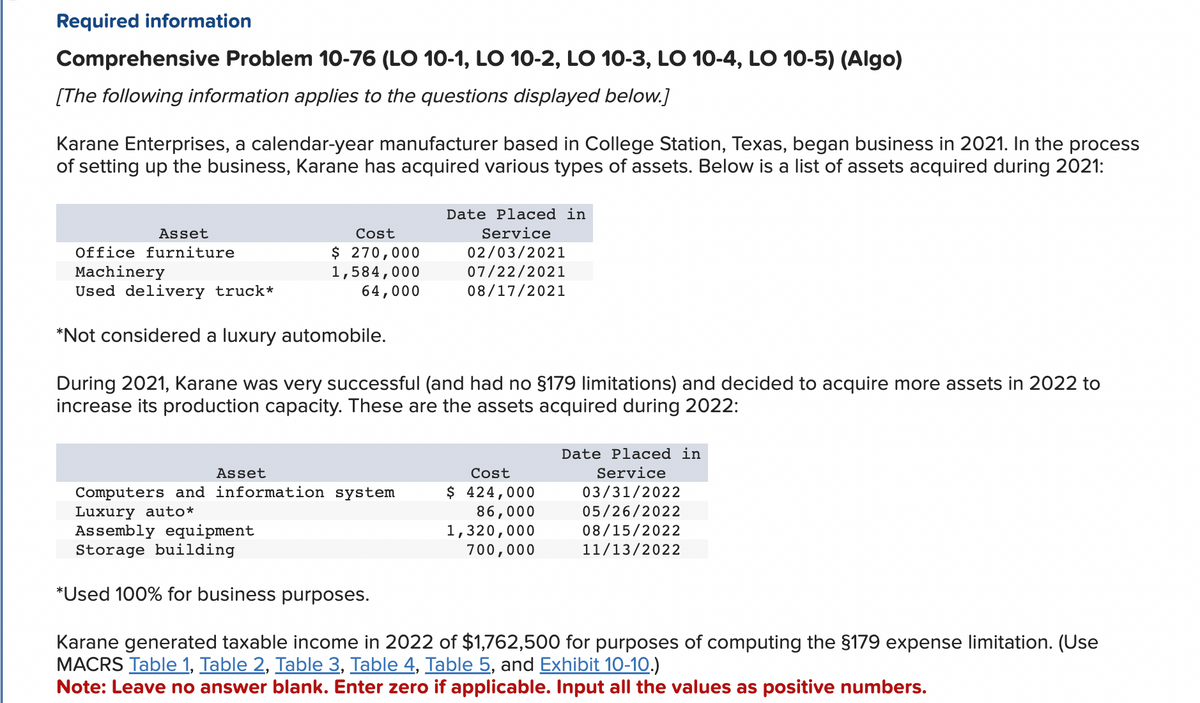Required information
Comprehensive Problem 10-76 (LO 10-1, LO 10-2, LO 10-3, LO 10-4, LO 10-5) (Algo)
[The following information applies to the questions displayed below.]
Karane Enterprises, a calendar-year manufacturer based in College Station, Texas, began business in 2021. In the process
of setting up the business, Karane has acquired various types of assets. Below is a list of assets acquired during 2021:
Asset
Office furniture
Machinery
Used delivery truck*
Cost
$ 270,000
1,584,000
64,000
Asset
*Not considered a luxury automobile.
During 2021, Karane was very successful (and had no §179 limitations) and decided to acquire more assets in 2022 to
increase its production capacity. These are the assets acquired during 2022:
Date Placed in
Service
02/03/2021
07/22/2021
08/17/2021
Computers and information system
Luxury auto*
Assembly equipment
Storage building
Cost
$ 424,000
86,000
1,320,000
700,000
Date Placed in
Service
03/31/2022
05/26/2022
08/15/2022
11/13/2022
*Used 100% for business purposes.
Karane generated taxable income in 2022 of $1,762,500 for purposes of computing the §179 expense limitation. (Use
MACRS Table 1, Table 2, Table 3, Table 4, Table 5, and Exhibit 10-10.)
Note: Leave no answer blank. Enter zero if applicable. Input all the values as positive numbers.