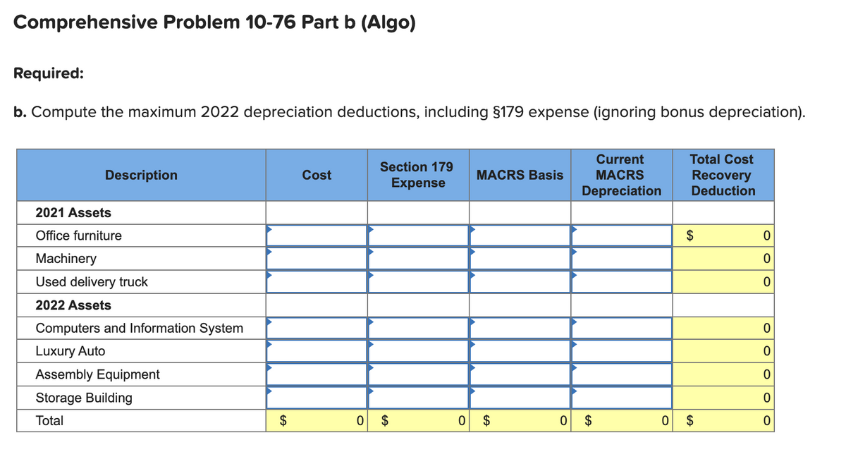 Comprehensive Problem 10-76 Part b (Algo)
Required:
b. Compute the maximum 2022 depreciation deductions, including §179 expense (ignoring bonus depreciation).
Description
2021 Assets
Office furr ure
Machinery
Used delivery truck
2022 Assets
Computers and Information System
Luxury Auto
Assembly Equipment
Storage Building
Total
Cost
Section 179
Expense
0 $
0
MACRS Basis
O
Current
MACRS
Depreciation
$
Total Cost
Recovery
Deduction
0 $
0
0
0
0
0
0
0
0