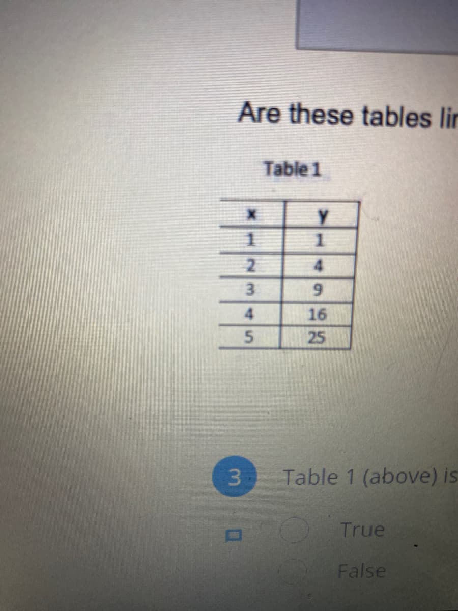 Are these tables lir
Table 1
4.
25
3
Table 1 (above) is
True
False
1496
123 5
