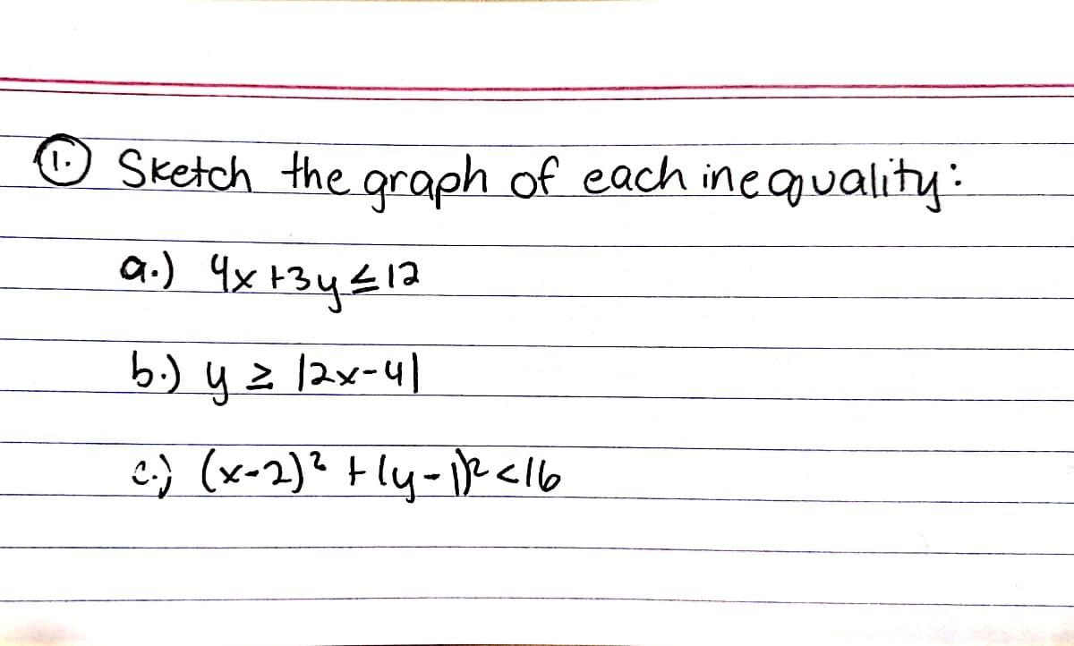 ☺ Sketch the qraph of each ineguality:
a.) 4x +34412
b.) ų z 12x-41
e) (x-2)? +ly-)2clo

