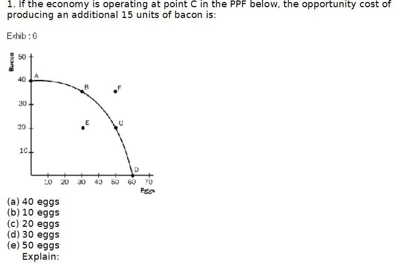 1. If the economy is operating at point C in the PPF below, the opportunity cost of
producing an additional 15 units of bacon is:
Exhib: 6
Bacon
50
40
30
20
10
20
(a) 40 eggs
(b) 10 eggs
20
(c) 20 eggs
(d) 30 eggs
(e) 50 eggs
Explain:
E
40 50 60
70
Egys
