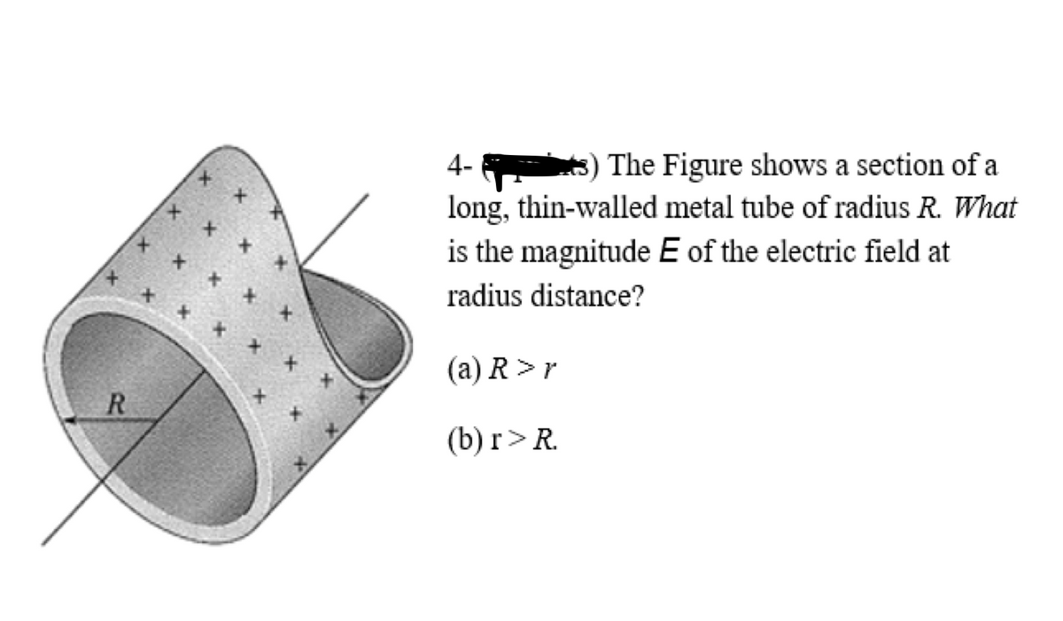 R
X X
+
4-
The Figure shows a section of a
long, thin-walled metal tube of radius R. What
is the magnitude E of the electric field at
radius distance?
(a) R > r
(b) r> R.