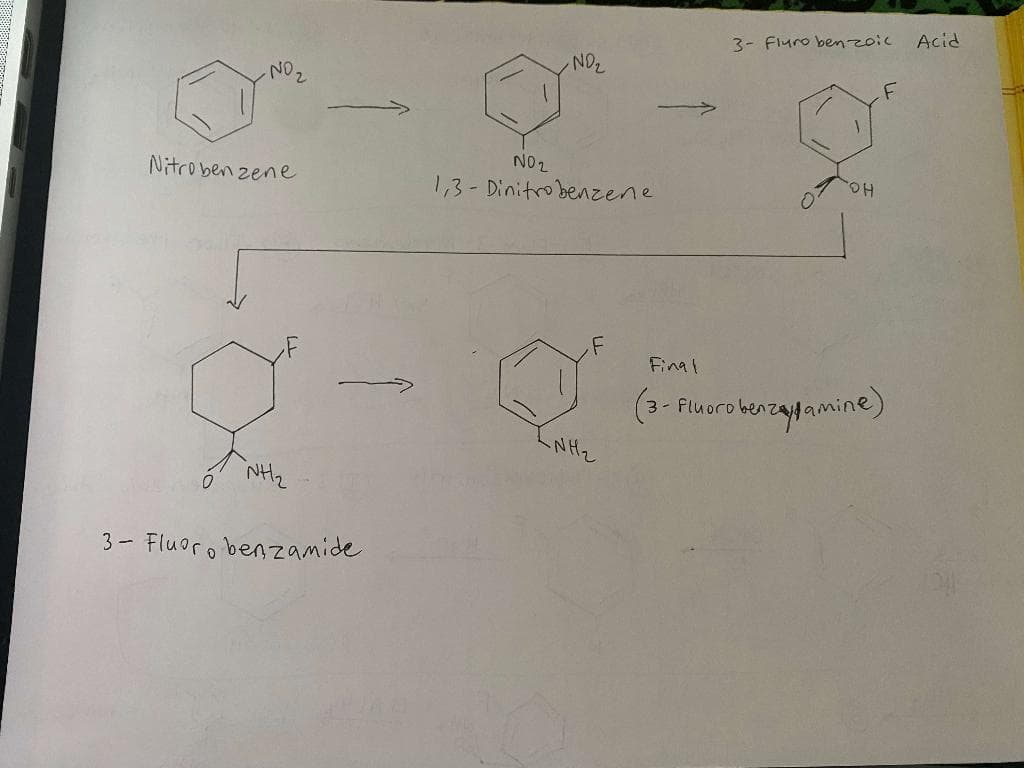 Acid
3- Fluro benzoic
NO2
NO2
Nitro ben zene
1,3- Dinitro benzene
HO.
Fina!
(3- Fluoro kenzayamine)
NH2
3- Fluoro ben zamide
