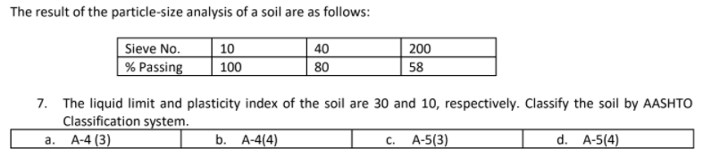 The result of the particle-size analysis of a soil are as follows:
Sieve No.
% Passing
10
40
200
100
80
58
7. The liquid limit and plasticity index of the soil are 30 and 10, respectively. Classify the soil by AASHTO
Classification system.
а. А-4 (3)
b. A-4(4)
A-5(3)
d. A-5(4)
C.
