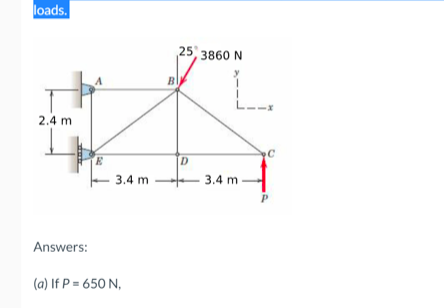 loads.
25, 3860 N
L--x
2.4 m
D
3.4 m
3.4 m
Answers:
(a) If P = 650 N,
