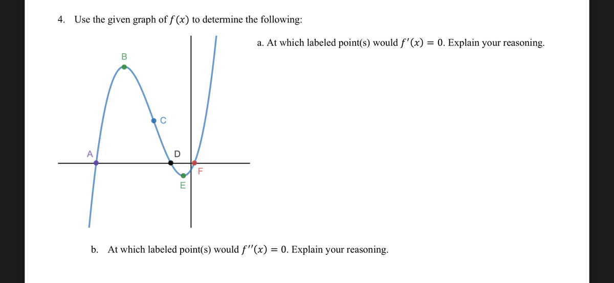 4. Use the given graph of f (x) to determine the following:
a. At which labeled point(s) would f'(x) = 0. Explain your reasoning.
B
C
A
D
F
E
b. At which labeled point(s) would f"(x) = 0. Explain your reasoning.
