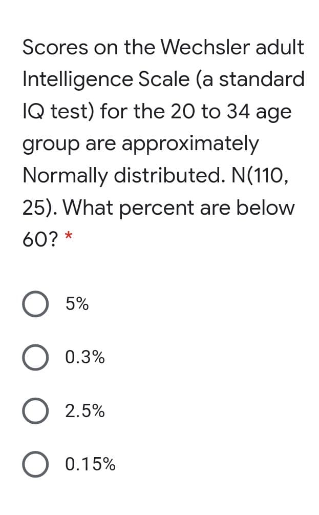 Scores on the Wechsler adult
Intelligence Scale (a standard
IQ test) for the 20 to 34 age
group are approximately
Normally distributed. N(110,
25). What percent are below
60? *
5%
0.3%
2.5%
0.15%
