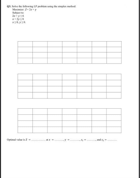 Q3. Solve the following LP problem using the simplex method:
Maximize: Z-2x +y
Subject to:
2x + y56
x+ 2y s8
x20, y 20.
Optimal value is Z
at x =.....
and s=
y%3D
