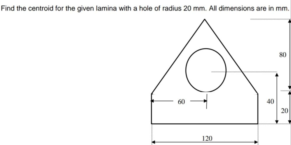 Find the centroid for the given lamina with a hole of radius 20 mm. All dimensions are in mm.
80
60
40
120
20
