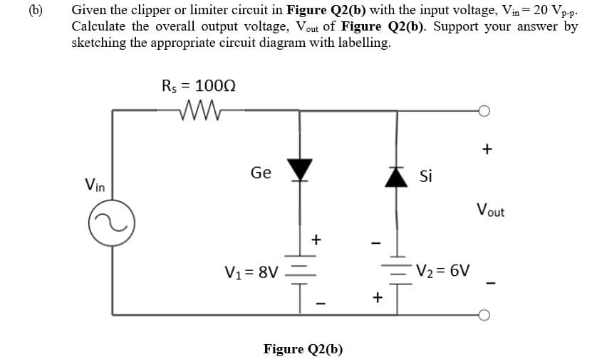 Given the clipper or limiter circuit in Figure Q2(b) with the input voltage, Vin=20 Vp-p.
Calculate the overall output voltage, Vout of Figure Q2(b). Support your answer by
sketching the appropriate circuit diagram with labelling.
(b)
Rs = 1000
Ge
Si
Vin
Vout
V1= 8V =
V2 = 6V
Figure Q2(b)
+
