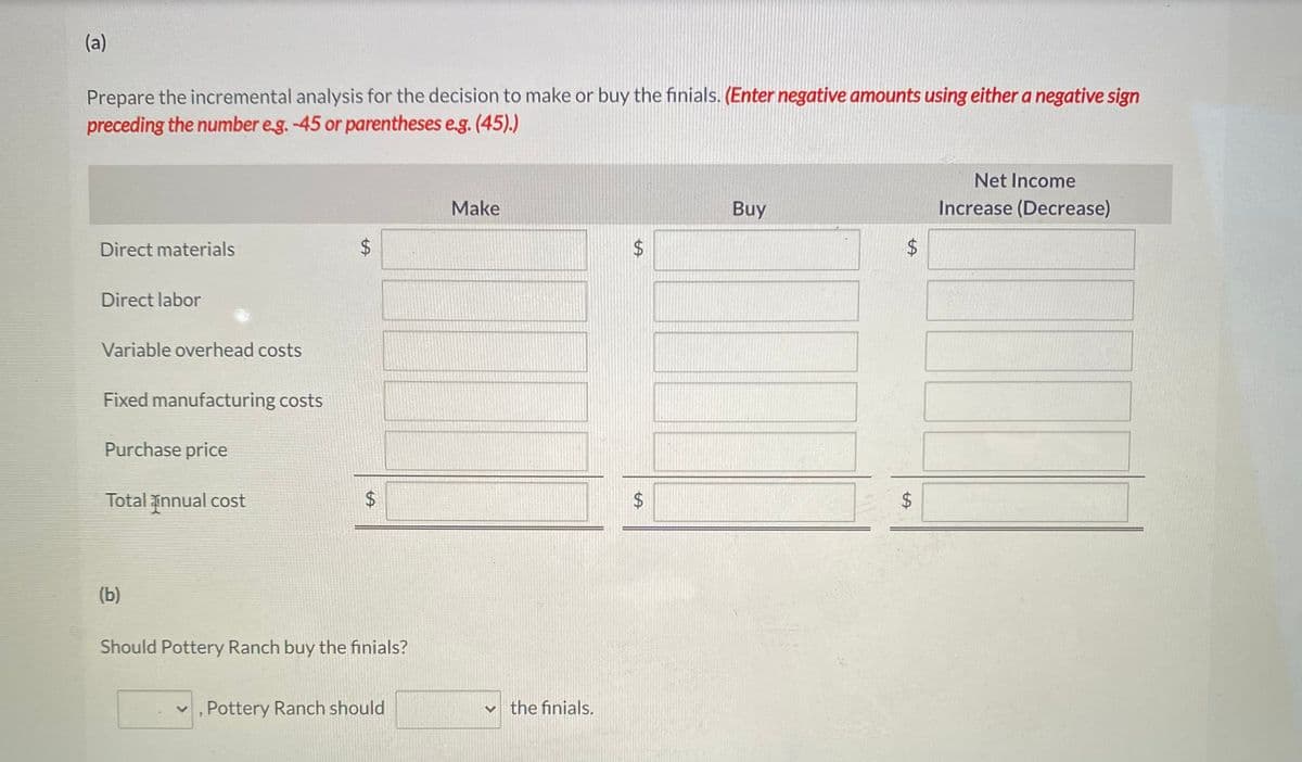 (a)
Prepare the incremental analysis for the decision to make or buy the finials. (Enter negative amounts using either a negative sign
preceding the number eg. -45 or parentheses e.g. (45).)
Net Income
Make
Buy
Increase (Decrease)
Direct materials
$4
Direct labor
Variable overhead costs
Fixed manufacturing costs
Purchase price
Total annual cost
2$
(b)
Should Pottery Ranch buy the finials?
v , Pottery Ranch should
v the finials.
%24
%24
%24
%24
%24
%24
